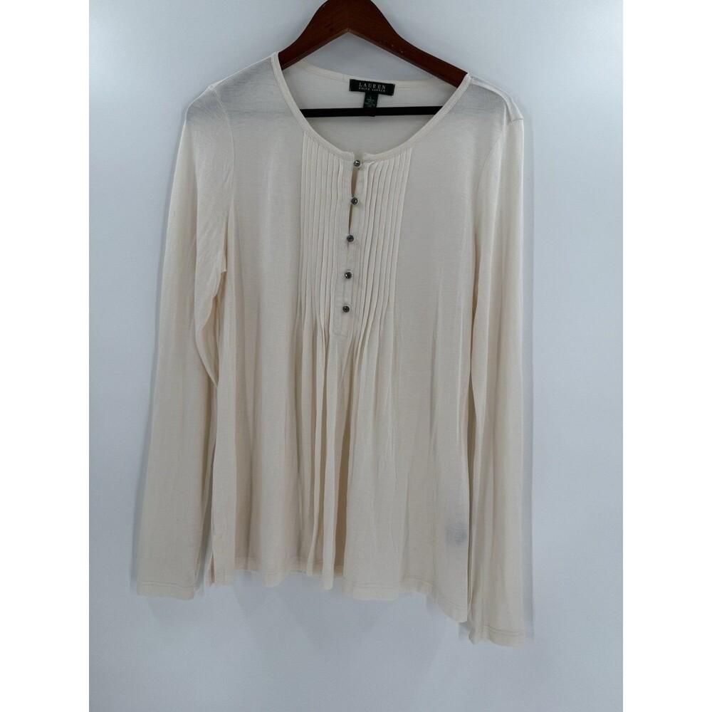 Lauren Ralph Lauren Pleated Georgette Blouson Sleeve Top Blouse Cream LARGE